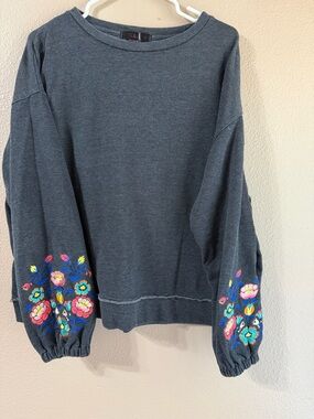 Rock & Roll Charcoal Sweatshirt with Colorful Floral Sleeve Embroidery